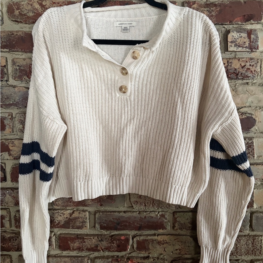 NOT FOR SALE 
American Eagle Cropped Henley Sweater M Cream Ribbed Varsity Strip